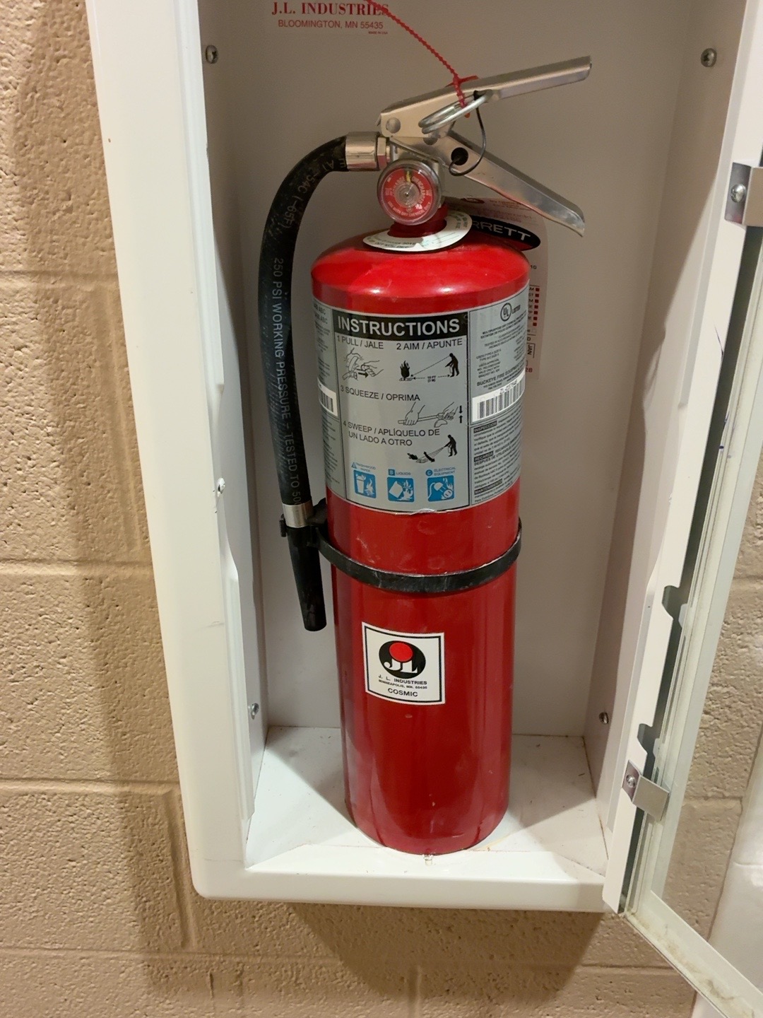 Portable fire extinguisher mounted in a wall cabinet with pressure gauge, hose, operating label, pin and tamper seal visible