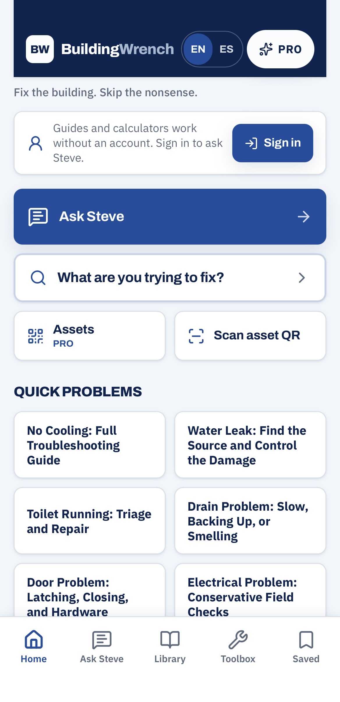 BuildingWrench Pro mobile app showing Ask Steve, asset QR scanning, repair guides and facility tools