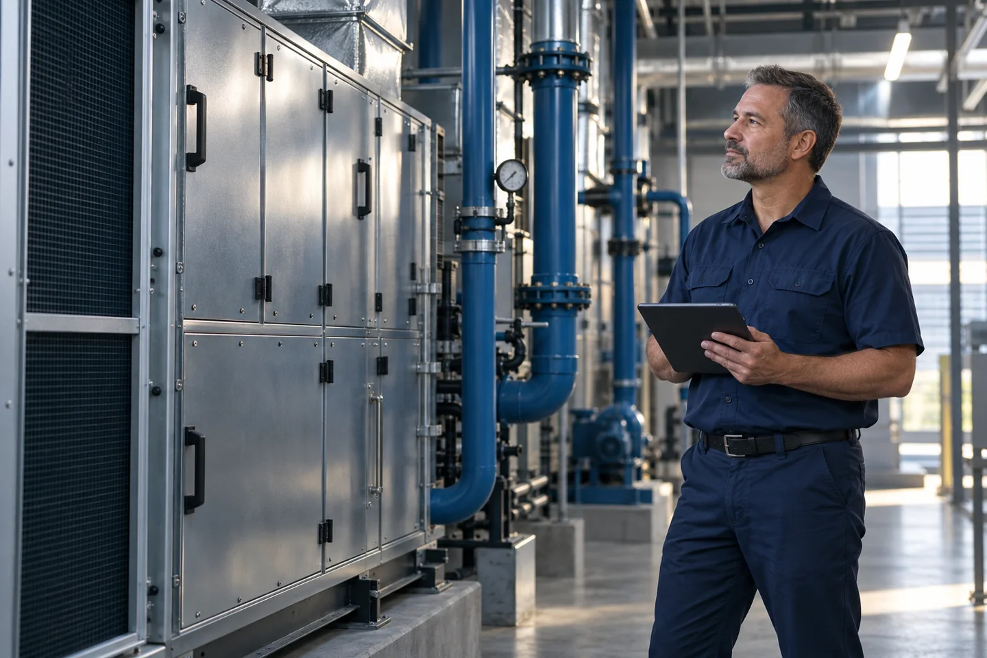 Illustrative facilities professional using a tablet beside commercial equipment
