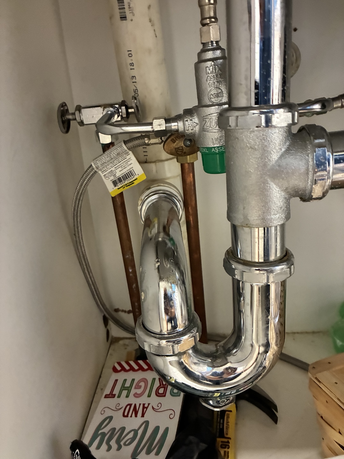 Commercial sink plumbing with P-trap and supply connections