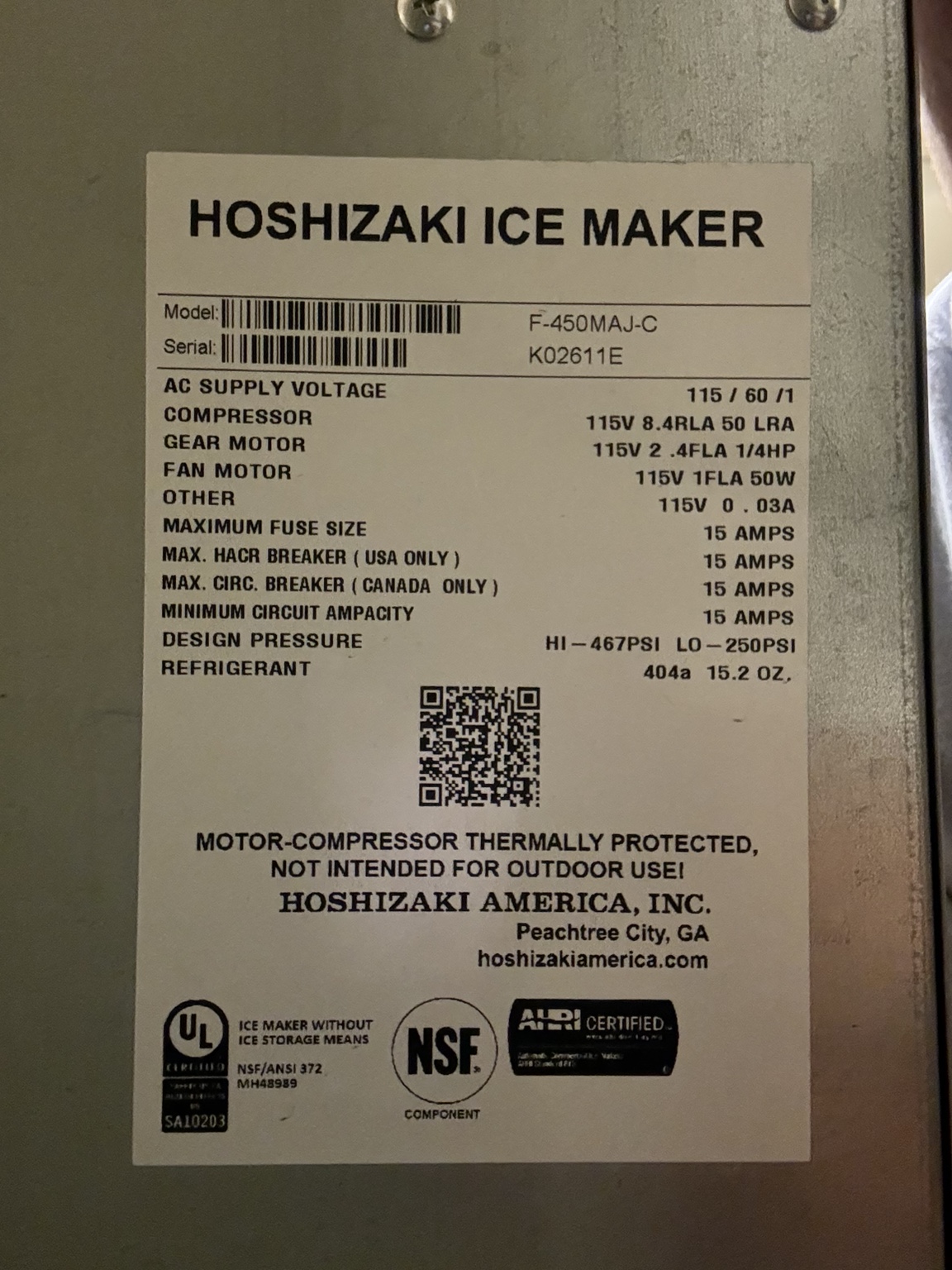 Hoshizaki F-450MAJ-C model and electrical data plate
