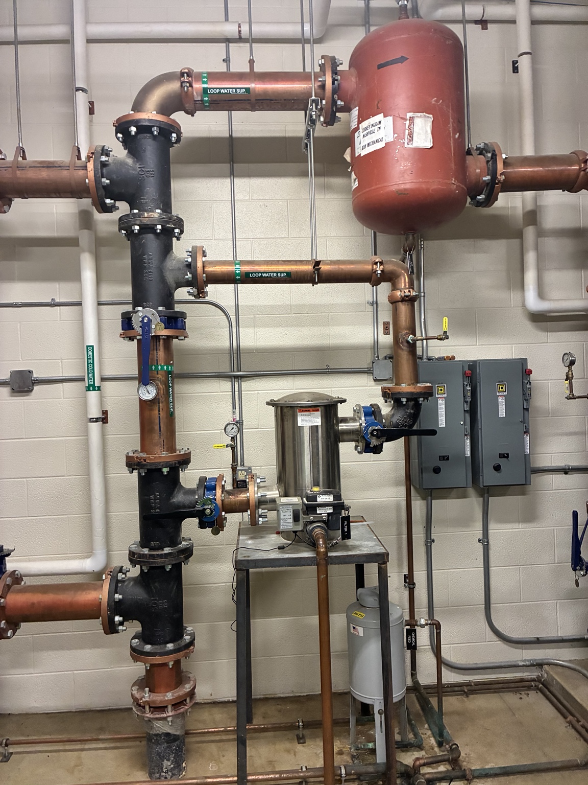 Commercial hydronic loop piping with expansion tank, pumps, valves and controls
