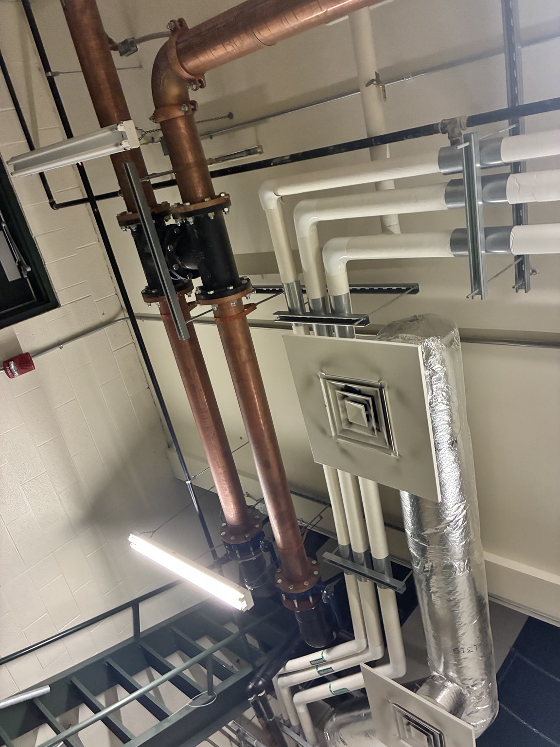 Overhead insulated and copper hydronic piping in a commercial mechanical space